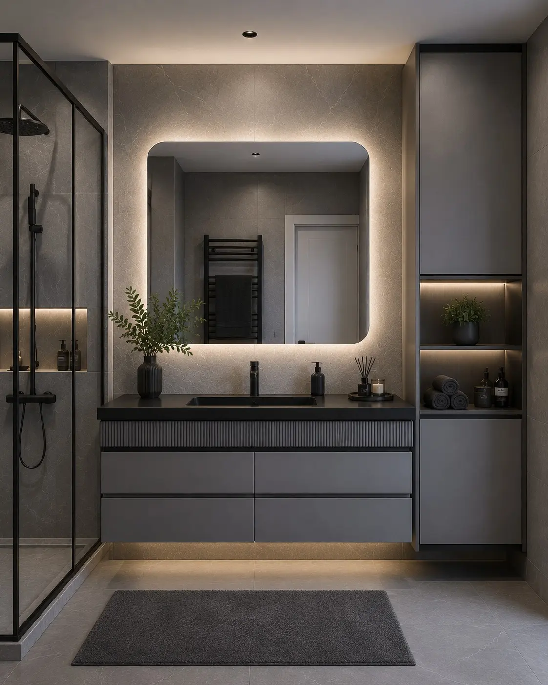 Antrasit dolaplı, LED aynalı banyo