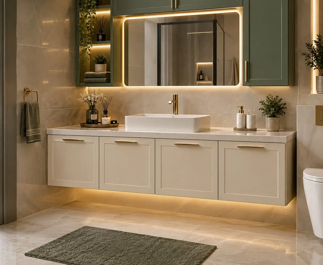 Yeşil üst dolaplı, altın detaylı ve LED aynalı banyo