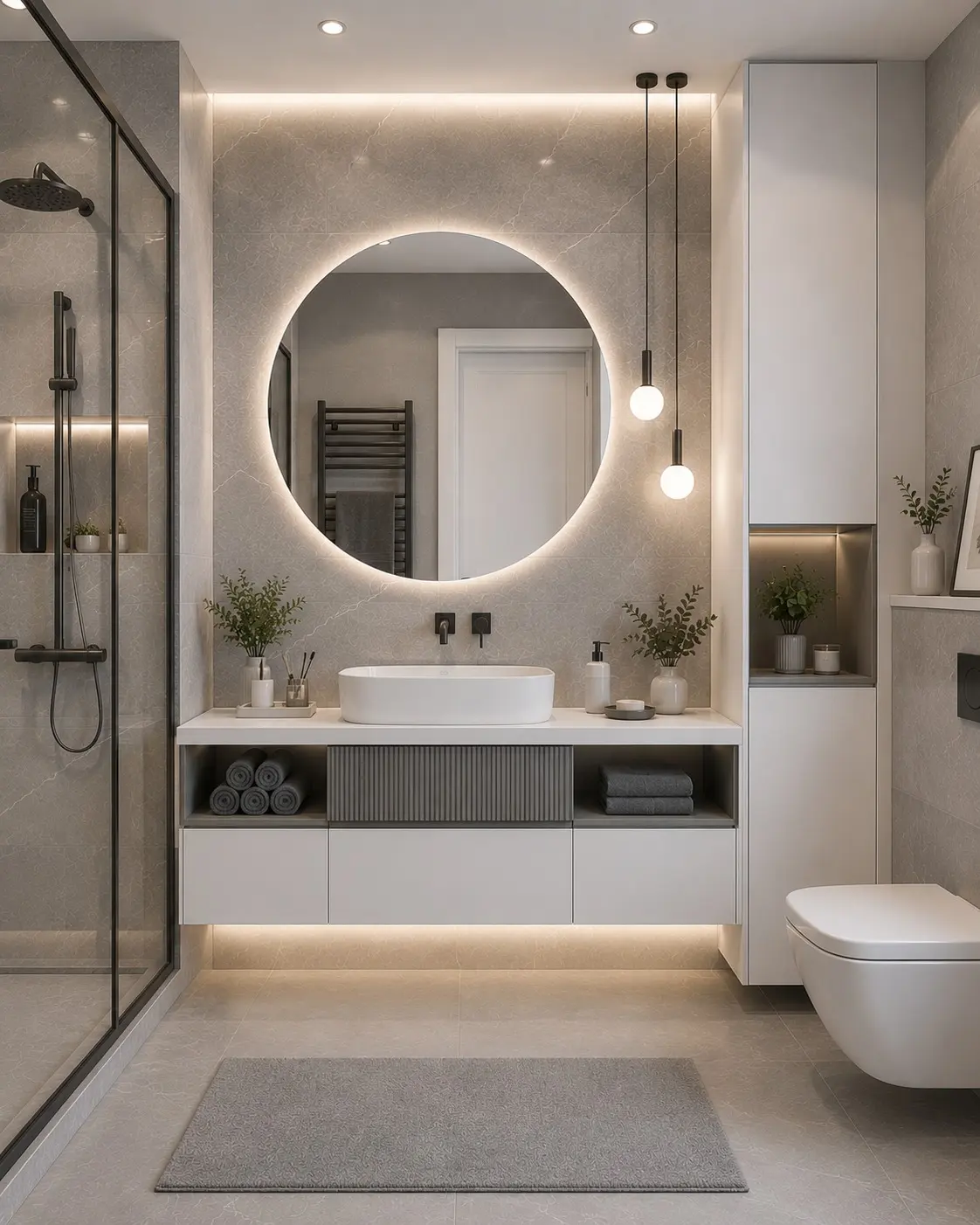 Yuvarlak LED aynalı, beyaz dolaplı ferah banyo