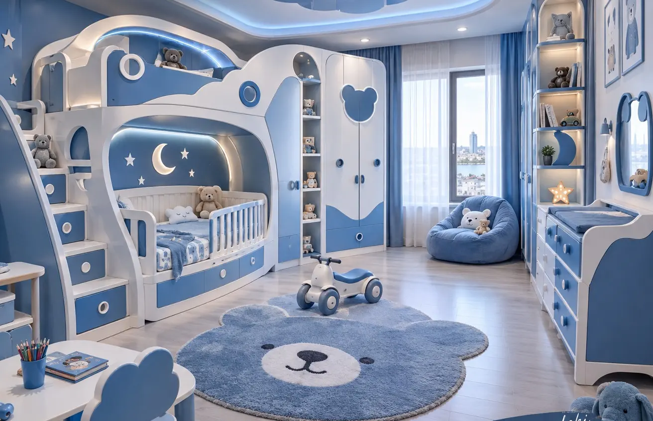 Ayıcık temalı, mavi-beyaz ranzalı ve LED aydınlatmalı çocuk odası