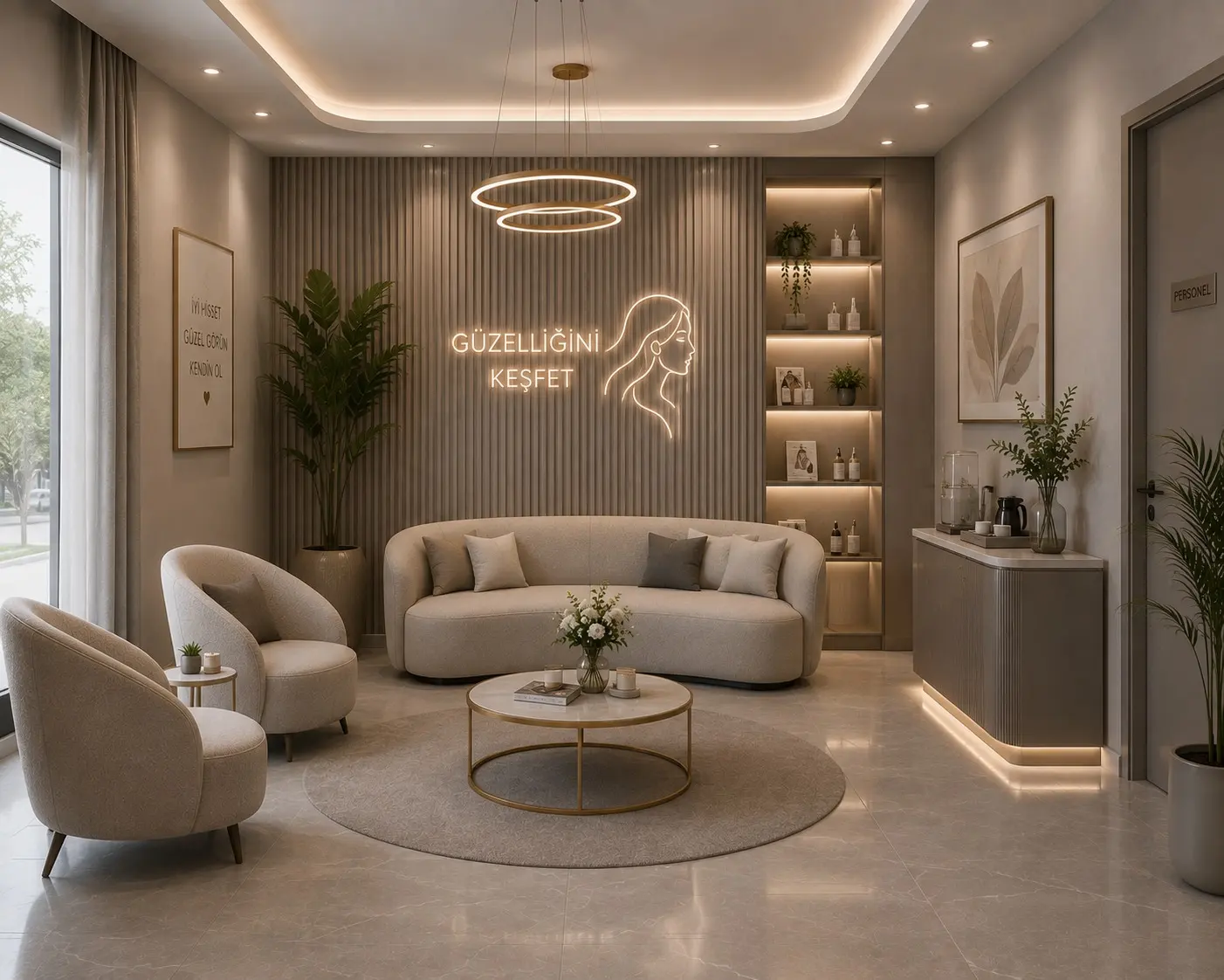 Güzellik merkezinin bekleme ve dinlenme salonu