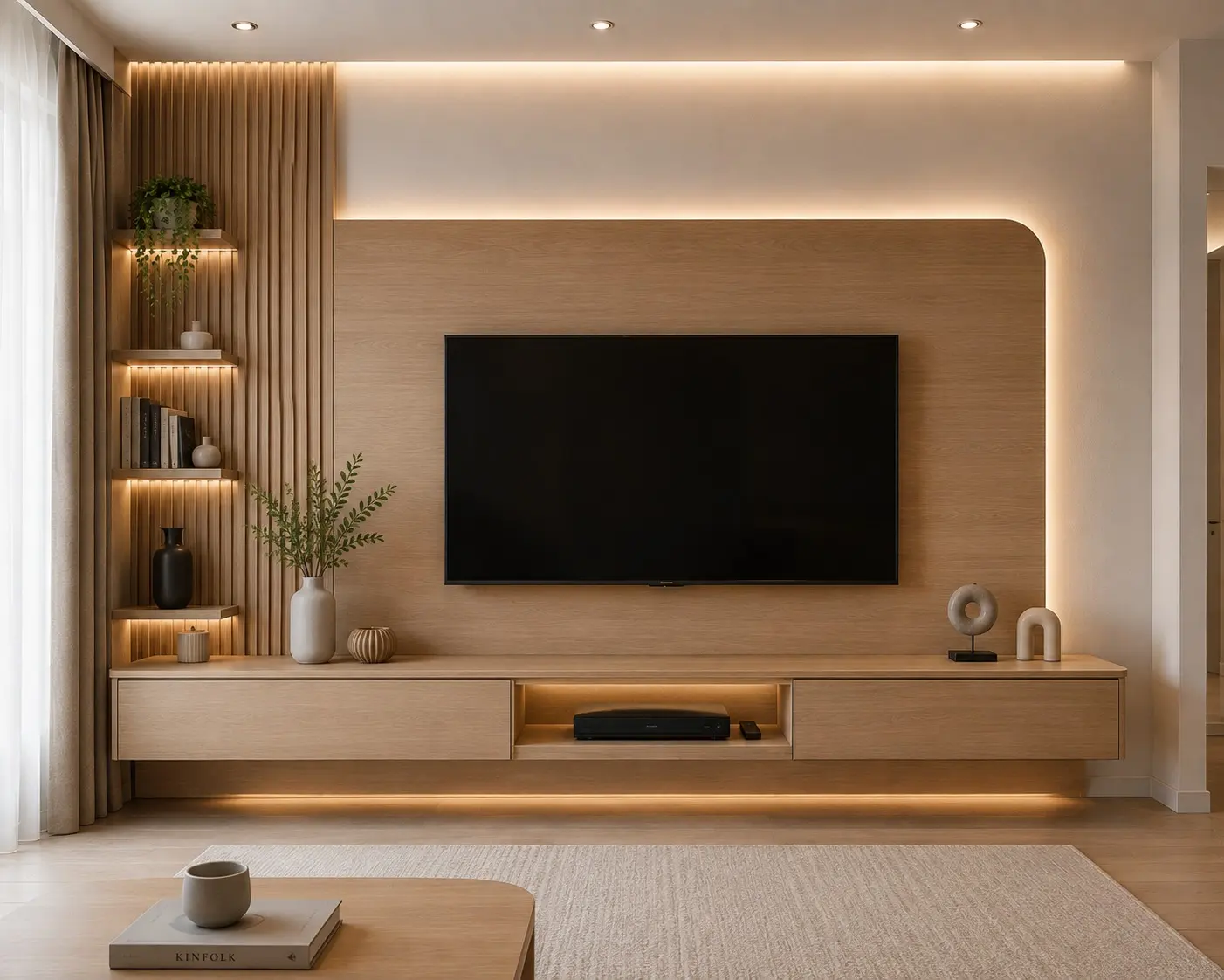 Açık meşe kaplamalı, kavisli hatlı LED aydınlatmalı TV ünitesi