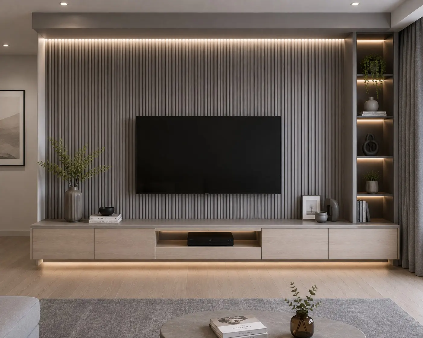 Gri fluted panelli, raflı TV ünitesi