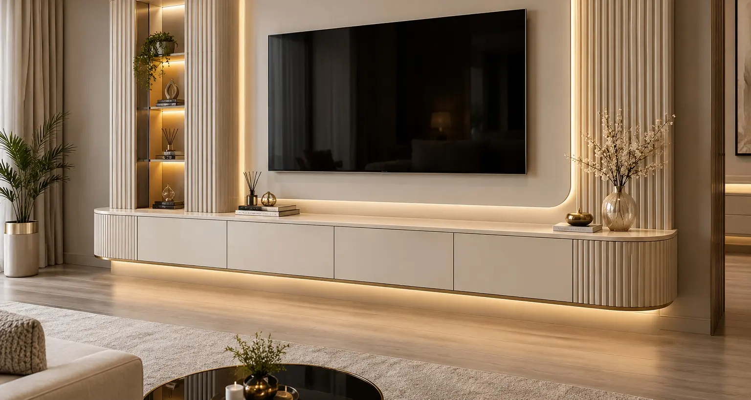 Krem fluted panelli, gizli LED aydınlatmalı geniş TV ünitesi